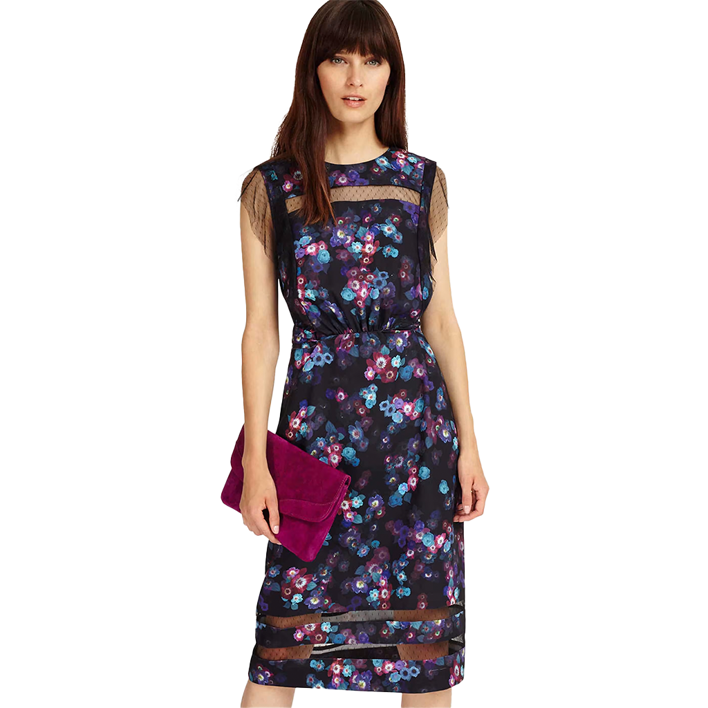 Phase Eight Midi Sheath Dress Kacy Floral Print Black Purple Tie Waist