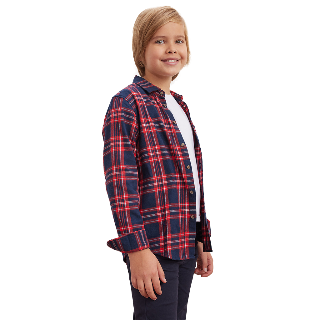 Boys Cotton Flannel Long Sleeve Casual Plaid Shirts, Brushed | Red Navy Check