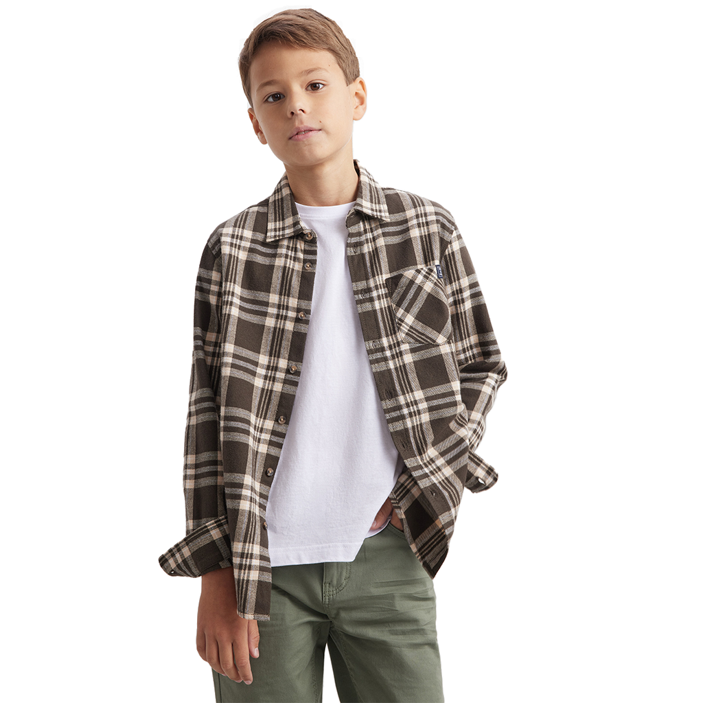 Boys Cotton Flannel Long Sleeve Casual Plaid Shirts, Brushed | Grey Beige Check