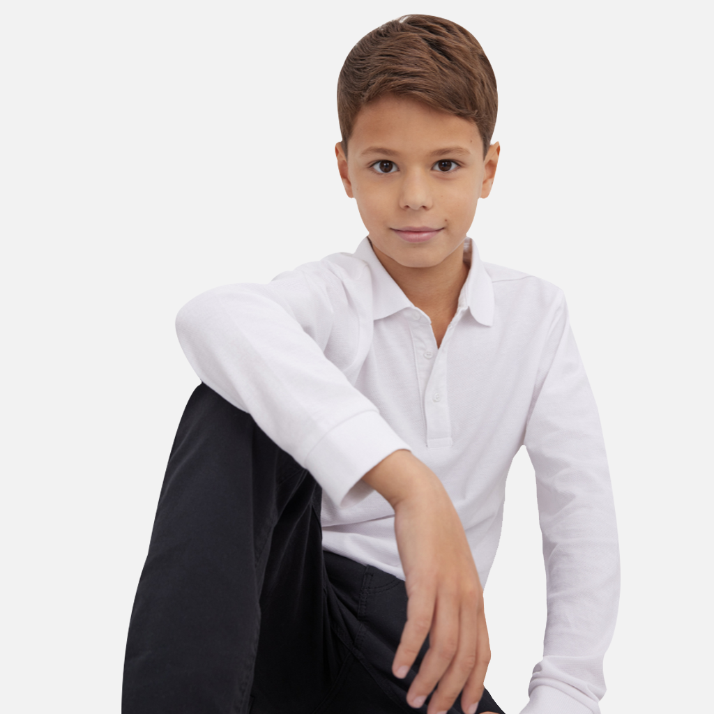 Boys School White Polo Shirt Childrens Plain Long Sleeve 7-12 Years | Sale