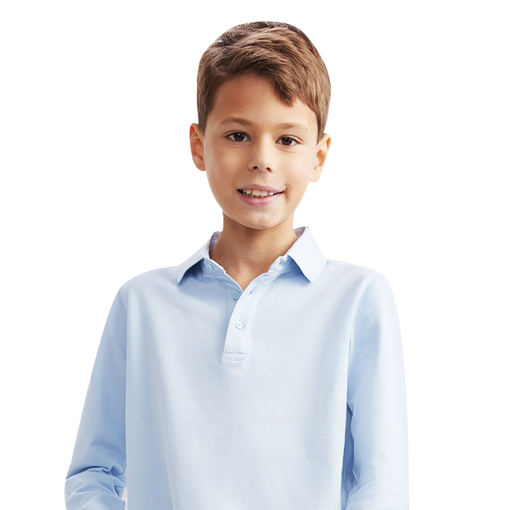 Boys School Polo Shirt Childrens Plain Long Sleeve 7-12 Years | Blue | SALE