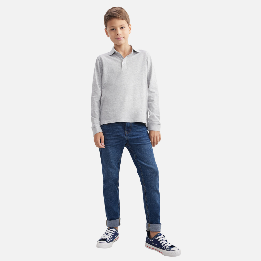 Boys School Grey Polo Shirt Childrens Plain Long Sleeve 7-12 Years | SALE