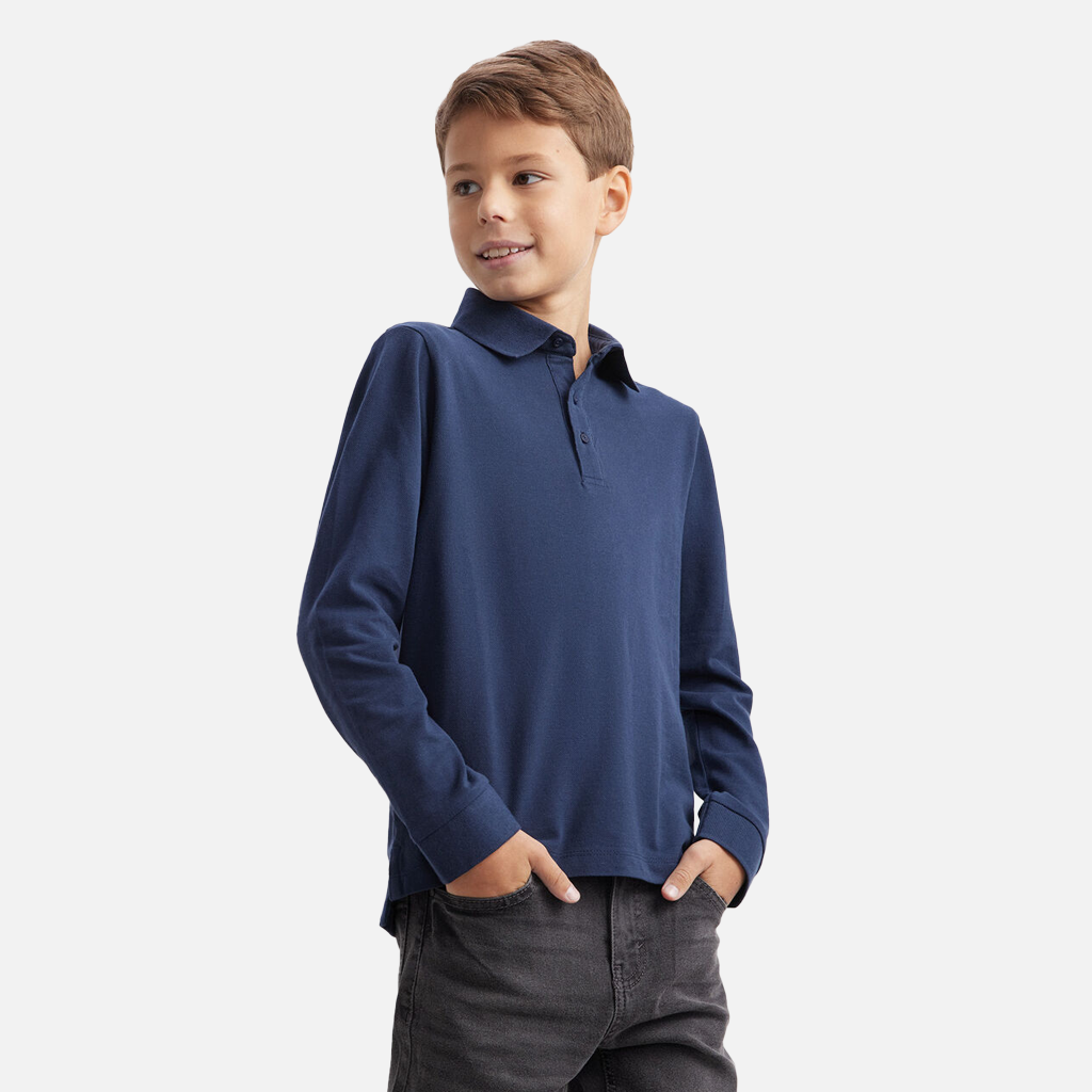 Boys School Navy Polo Shirt Childrens Plain Long Sleeve 7-12 Years | SALE
