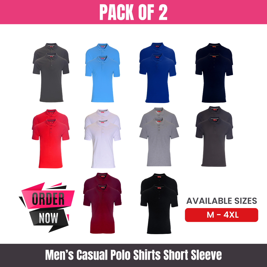 Mens Polo 100% Cotton Plain Casual Polo Shirts Short Sleeve M-4XL | 2 Pack