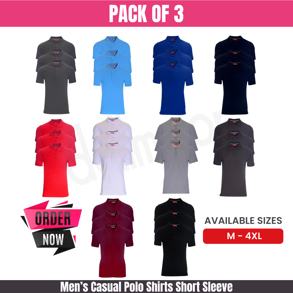 Mens Polo 100% Cotton Plain Casual Polo Shirts Short Sleeve M-4XL | 3 Pack